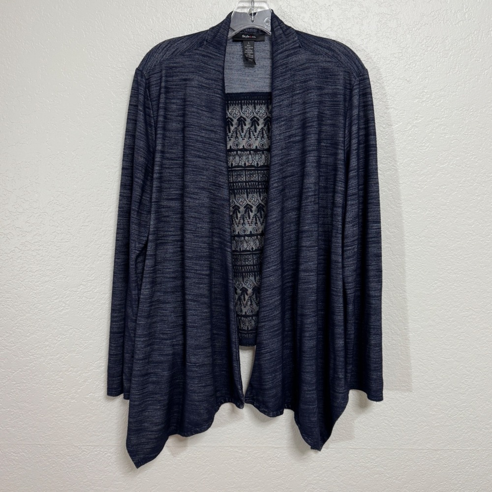 Style &‎ Co Cardigan Women L Blue Lace Back Space Dye Open Front Boho Sweater